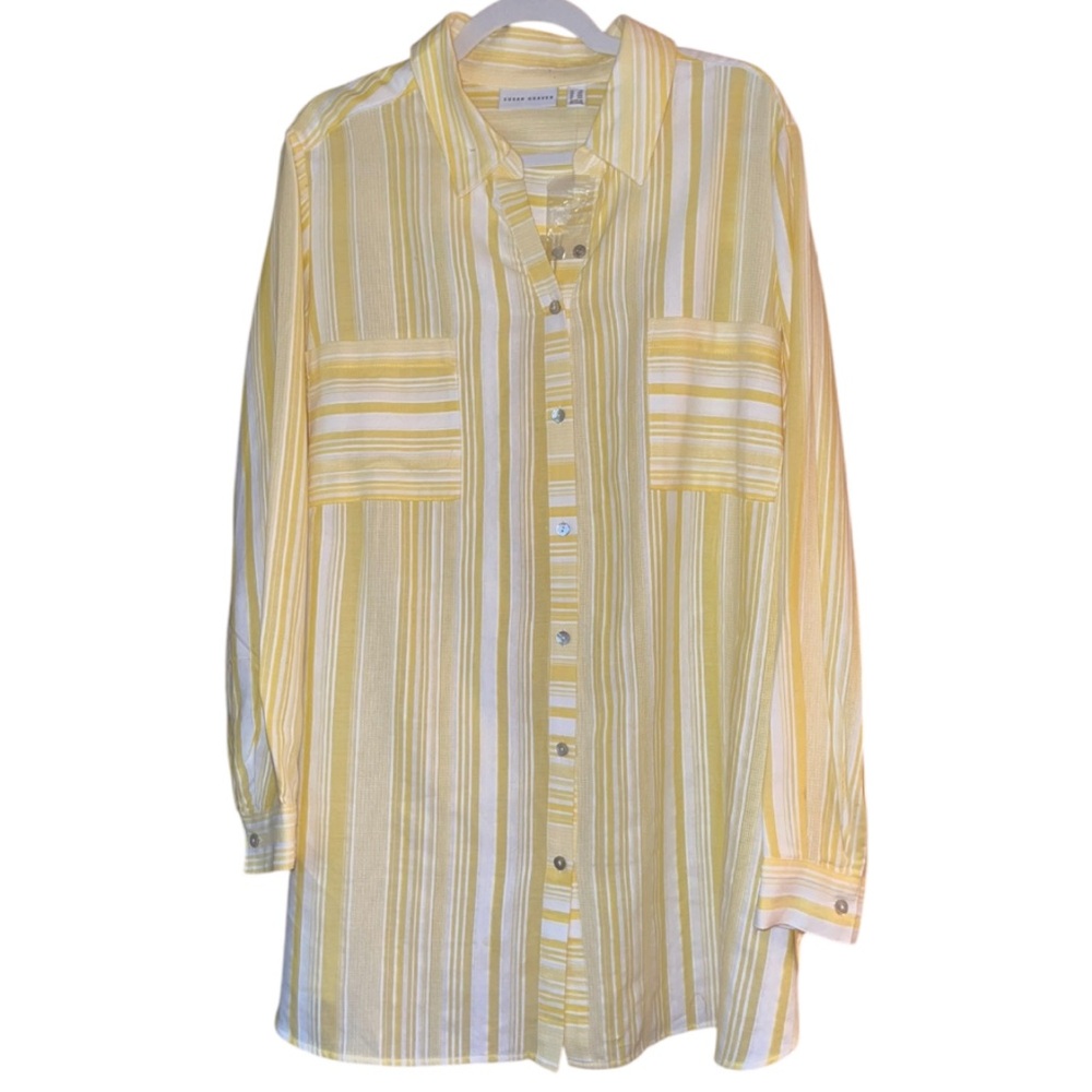 NEW Susan Graver Yarn-Dyed Cotton Button-Front Shirt. Color Is Stone. Size 2X.